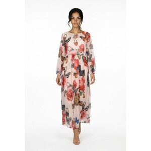 Vicky & Lucas Woman's Butterfly Floral Print Maxi Dress Pink Whimsical Romantic